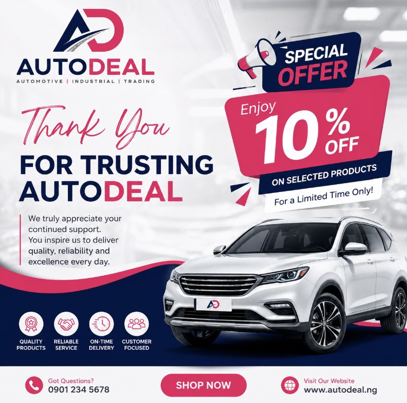 ADspareNG's tweet photo. Thank you for choosing AutoDeal! Enjoy 10% OFF selected products for a limited time. Quality, reliability and value—always delivered. 

#AutoDeal #SpecialOffer #10PercentOff #Automotive https://t.co/UzXBhBf6PW