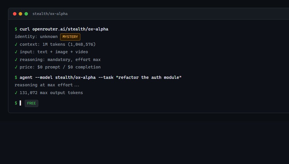 kaitron_x's tweet photo. how to use ox alpha for $0 on openrouter 😳

ox alpha is a free mystery frontier model with a 1M context window it reads text, image and video, and reasons at max effort by default

setup:

step 1: make a free openrouter account  https://t.co/5XwhKbuvoQ
- grab an api key from the dashboard

step 2: call the model id stealth/ox-alpha
- prompt is $0 and completion is $0

step 3: point your app at the openai compatible endpoint
- set reasoning effort to low, high or max

what you get for $0:
- 1M token context 
- 131,072 max output tokens
- text + image + video input
- mandatory reasoning at max effort
- tool use and response_format

the last two stealth models turned out to be xiaomi mimo this one has no reveal yet, and the rumor mill says glm family

important:
- $0 is real, but you need an openrouter account and api key
- no rate cap is listed, so it is not a daily token trick

use it for long-horizon coding, sustained agentic work, production workloads

run a frontier reasoning model at $0 while nobody owns the name

bookmark this before the mystery gets a price tag