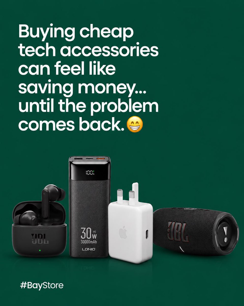 BayStoreng's tweet photo. Buying cheap tech accessories can feel like saving money… until the problem comes back. 😁

At BayStore, we believe technology should make life easier, smarter and more enjoyable. That’s why we bring you reliable tech gadgets and accessories designed to fit your lifestyle. https://t.co/e68qLzKMsz