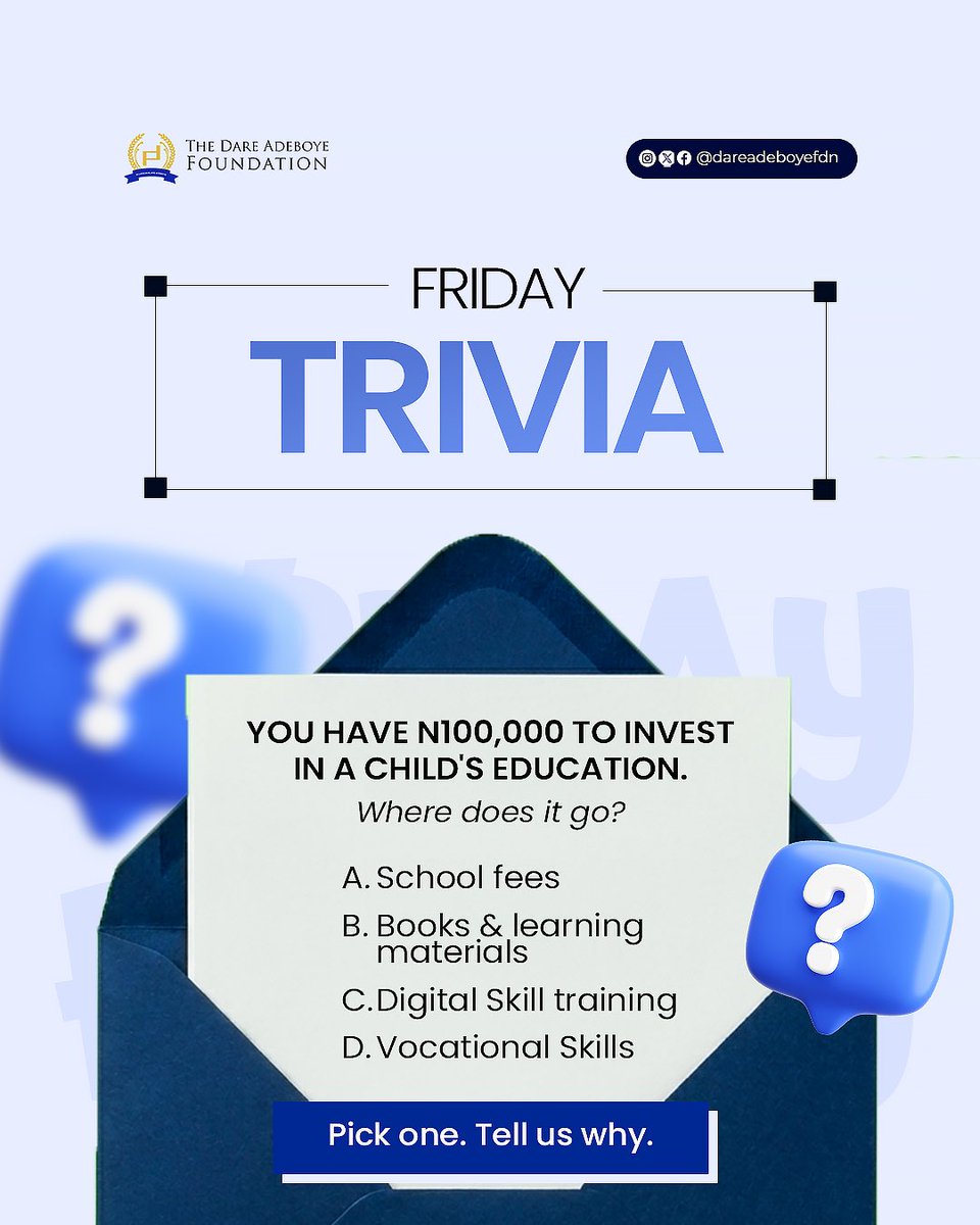 DareAdeboyeFDN's tweet photo. If you had ₦100,000 to invest in a child’s education, where would it go?
A. School fees
B. Books & learning materials
C. Digital skill training
D. Vocational skills
#DareAdeboyeFoundation #daf #Education https://t.co/c0lUpTkCr5