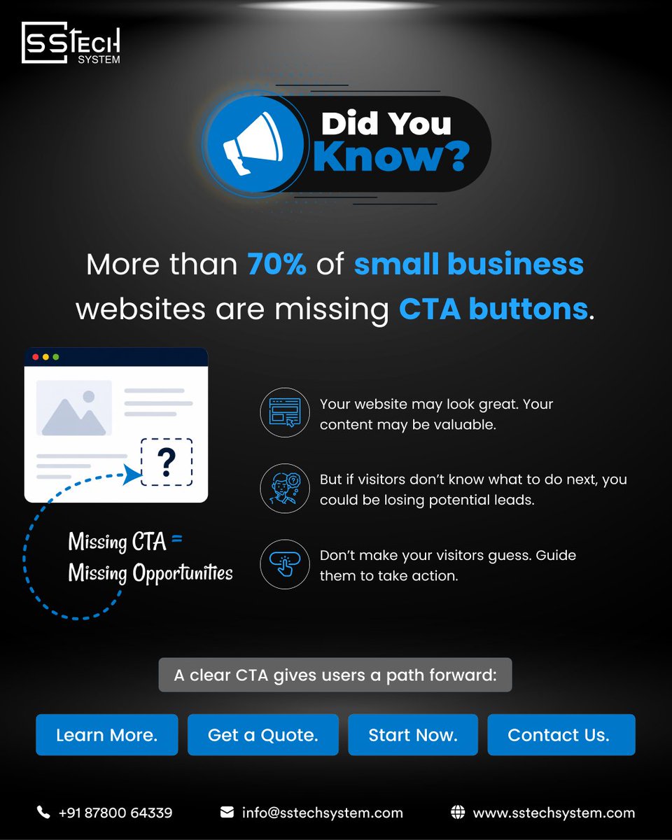 sstech_system's tweet photo. Don't let missing CTA buttons cost you valuable clients.
Need help optimizing your site? Reach out to us today!
#WebDesign #LeadGeneration #CTA #SmallBusinessGrowth #MarketingTips #SSTechSystem #WebDesignServices #BusinessStrategy https://t.co/cyNkolVwbQ