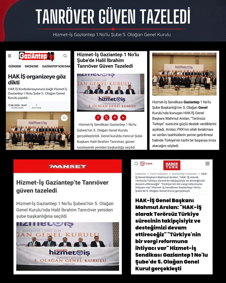 hizmetisgantep's tweet photo. 📰 BASINDA BİZ | 5. OLAĞAN GENEL KURULUMUZ

Hizmet-İş Sendikası Gaziantep 1 No’lu Şubemizin 5. Olağan Genel Kurulu, güçlü teşkilatımız ve yoğun protokol katılımıyla gerçekleştirilirken, Gaziantep basınında da geniş yer buldu.

Genel Kurulumuzun coşkusu, birlik ve beraberlik mesajlarımız, Şube Başkanımız Halil İbrahim Tanrıöver’in yeniden güven tazeleyerek seçilmesi ve Genel Kurulumuzda verilen önemli mesajlar haber başlıklarına yansıdı.

🤝 Güçlü teşkilat, güçlü emek, güçlü Hizmet-İş!

@hitanriover