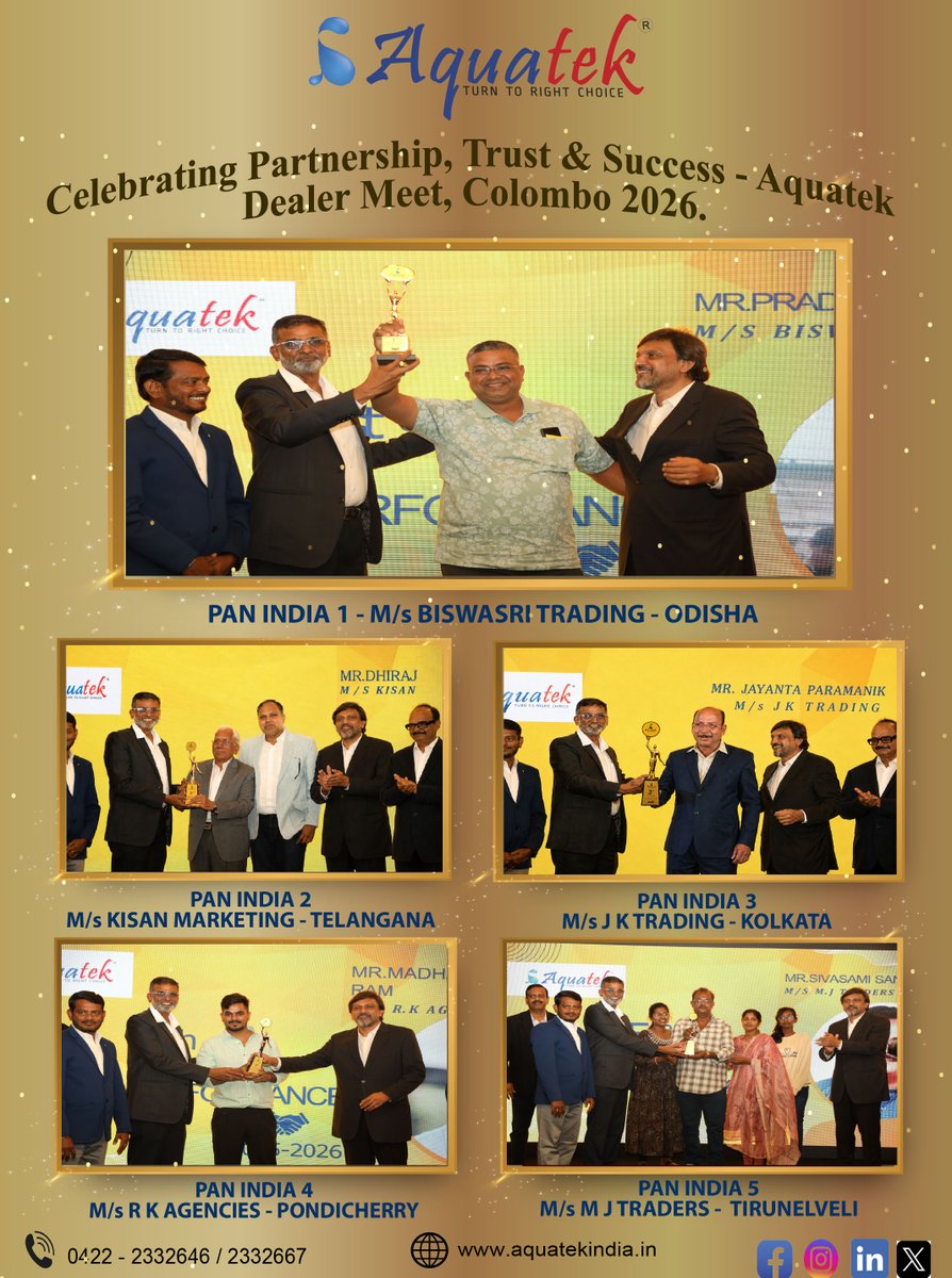 aquatek_india's tweet photo. A proud moment for Aquatek as we recognize and celebrate our valued dealers for their outstanding performance and continued partnership - Colombo 2026. #Aquatek#Dealermeet #Dealerawards #distributors #tapsandbathfittings #Partnership #sanitaryware #polymer #plumbers #Dealers https://t.co/Ibbb3ImVgM