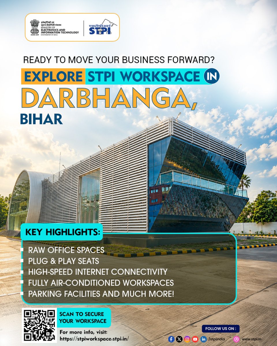 stpiindia's tweet photo. The right workspace doesn't just support your business—it helps shape its future.

Whether you're launching a startup, expanding your team, or looking for a professional base in Bihar, STPI Workspace in Darbhanga is designed to give your ideas the room they need to grow. 🌟

Here's what you'll get:
✔️ Raw office spaces
✔️ Plug & play seats
✔️ High-speed internet connectivity
✔️ Fully air-conditioned workspaces
✔️ Parking facilities and much more!

📍 Limited workspaces available in Darbhanga!

➡️ Apply now: https://t.co/Lma8FwNd0l

#STPI #Darbhanga #Bihar #Workspaces #StartupIndia #OfficeSpace #Innovation #BusinessGrowth #Entrepreneurship #ProfessionalSpaces #Incubation     

@GoI_MeitY @AshwiniVaishnaw @JitinPrasada @SecretaryMEITY @arvindtw @_DigitalIndia @NeGD_GoI @startupindia @myHQSpace @coworkerglobal @WeWorkIndia @NALCO_India @samrat4bjp @IPRDBihar @IndustriesBihar @DPIITGoI @DitBihar @News18Bihar