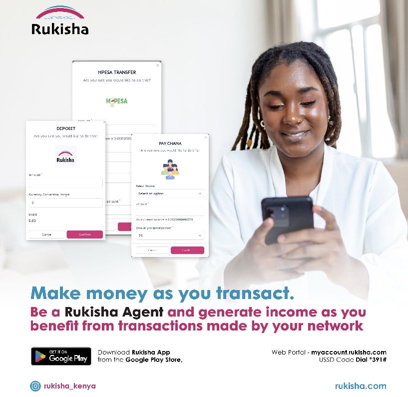 Rukisha_Kenya's tweet photo. Turn your network into your net worth. 

Become a Rukisha Agent and earn every time your community transacts.

Download the Rukisha App on Google Play | App Store
Click the link in bio
USSD: *391#
#rukisha_kenya #cpfkenya https://t.co/HDqDVBnfQH