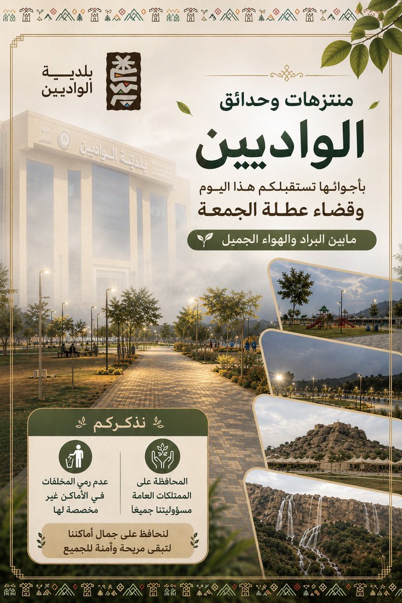 wm_gov's tweet photo. منتزهات وحدائق الواديين بأجوائها تستقبلكم هذا اليوم وقضاء عطلة الجمعة ما بين البراد والهواء الجميل . 

#أمانة_منطقة_عسير 
#بلدية_الواديين https://t.co/cEglWke3Yf