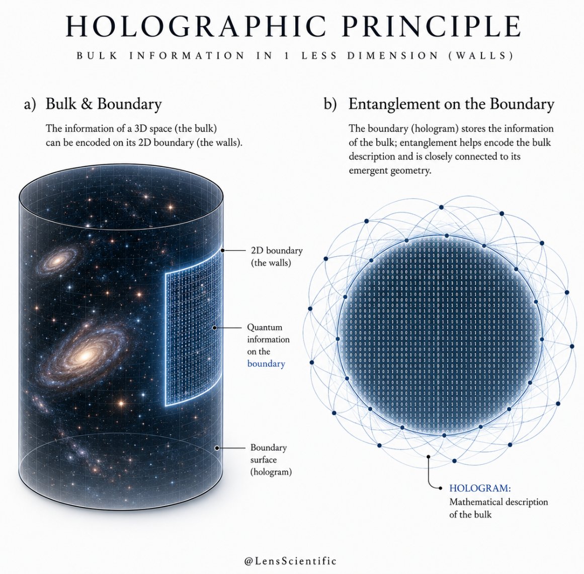 LensScientific's tweet photo. The holographic principle asks a question: could everything happening inside a volume of space be described by information written on its surface?

Imagine a 3D room. Instead of describing every object and every event inside it, imagine that all the information needed to describe that room is encoded on its 2D walls. The walls would contain a different description of the same physics, not a picture of what is inside.

In certain theories of gravity, this is more than an analogy. A higher-dimensional “bulk” can have an equivalent description in terms of quantum information on its lower-dimensional boundary.

That idea is called holographic duality, and it has become one of the most powerful clues in the search for a deeper theory of gravity and quantum mechanics.