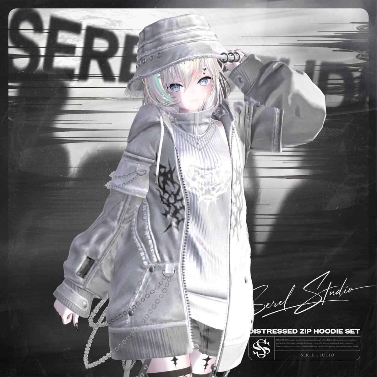 serelstudio's tweet photo. 📢 発売記念セール、いよいよD-1❗

今日は「Distressed Zip Hoodie Set」の
トーンごとに変わる雰囲気を
モデルLOOKBOOKでお届けします🖤

𝐒𝐄𝐑𝐄𝐋 𝐒𝐓𝐔𝐃𝐈𝐎
🖤ブラックは、しっかりヒップに。
重めのフーディーとチェーンが映える、
少し冷たいモデル感のあるスタイル。

🩶チャコールは、ブラックより少しラフに。
強すぎず、でもちゃんと雰囲気が出る
着せやすいカジュアルストリート。

🤍ホワイトは、クリーンなのにストリート。
明るい質感にダメージ感やメタルパーツが映えて、
軽さと存在感をどちらも楽しめるカラーです。

セール価格でお迎えできるのは、残りわずか。
迷っていた方は、ぜひこの機会にチェックしてみてください🖤

🔗BOOTH
https://t.co/HQwWyXVzyM
-