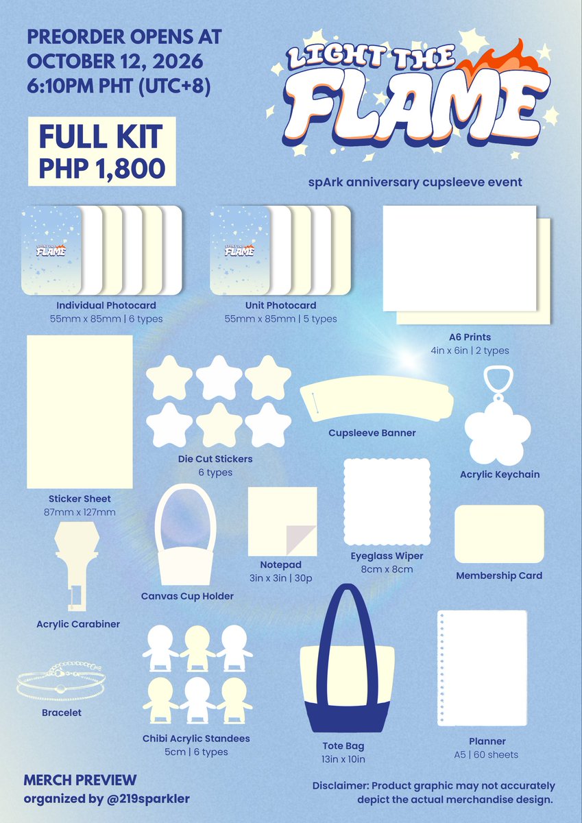 219sparkler's tweet photo. [ MERCH PREVIEW ] 
Light the Flame: spArk Anniversary Cupsleeve Event 

Take a look at the contents of the Sparkler special secret box that spArk prepared! 

Pre-order starts at October 12, 2026, 6:10PM PHT (UTC +8) 

#김아싫 #AMKHKI #spArkCSE #LightTheFlameCSE https://t.co/bmTUNOSSfn
