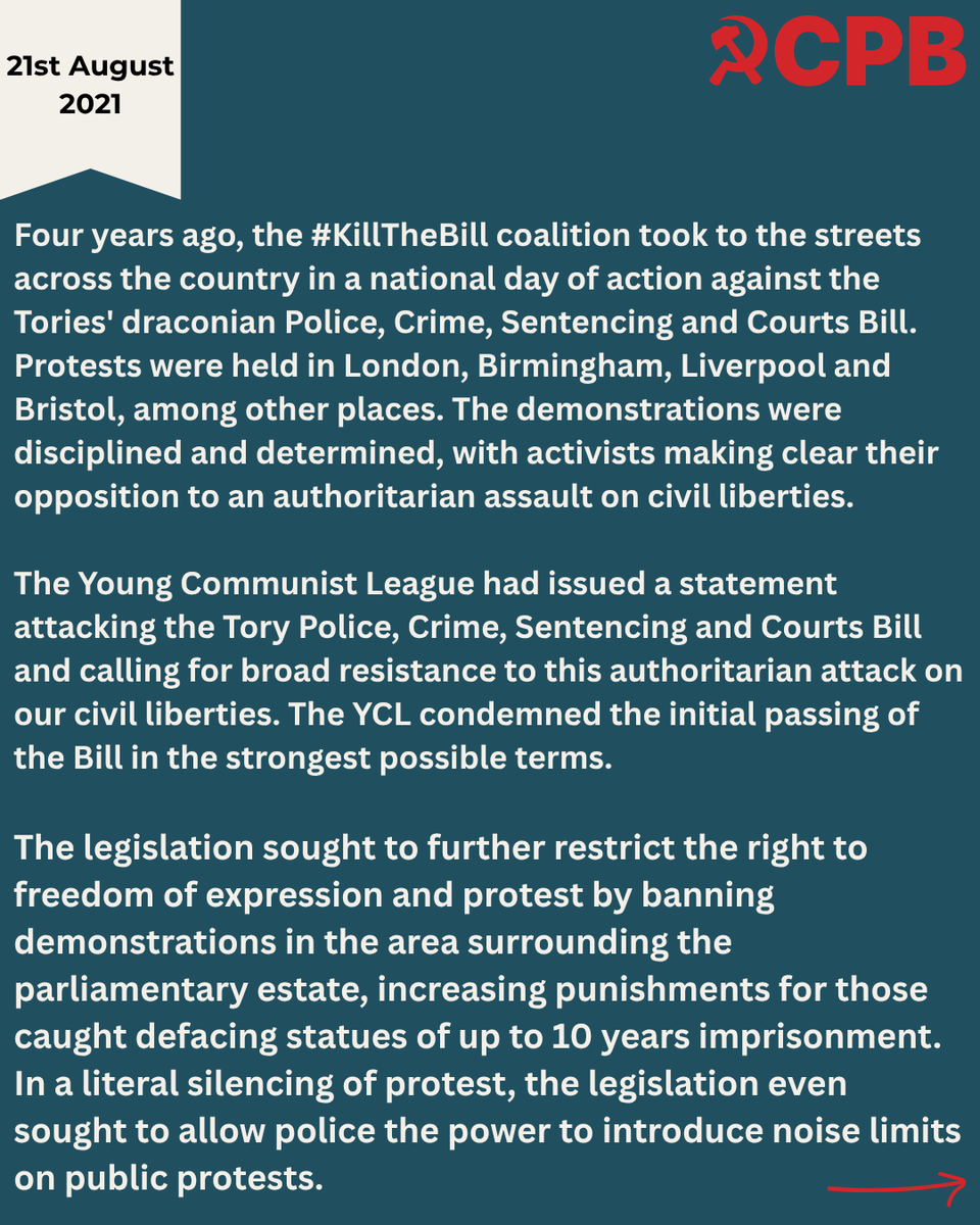 CPBritain's tweet photo. On this day four years ago, activists joined the #KillTheBill day of action against the Tories' Police, Crime, Sentencing and Courts Bill - legislation that curbed the right to protest, increased sentences and targeted Gypsy, Roma and Traveller communities with new criminal offences around trespass.

The Bill became law in April 2022. Today, its provisions are being used to criminalise peaceful protest on an unprecedented scale.

#OnThisDay #KillTheBill #RightToProtest #PCSCAct #Palestine
