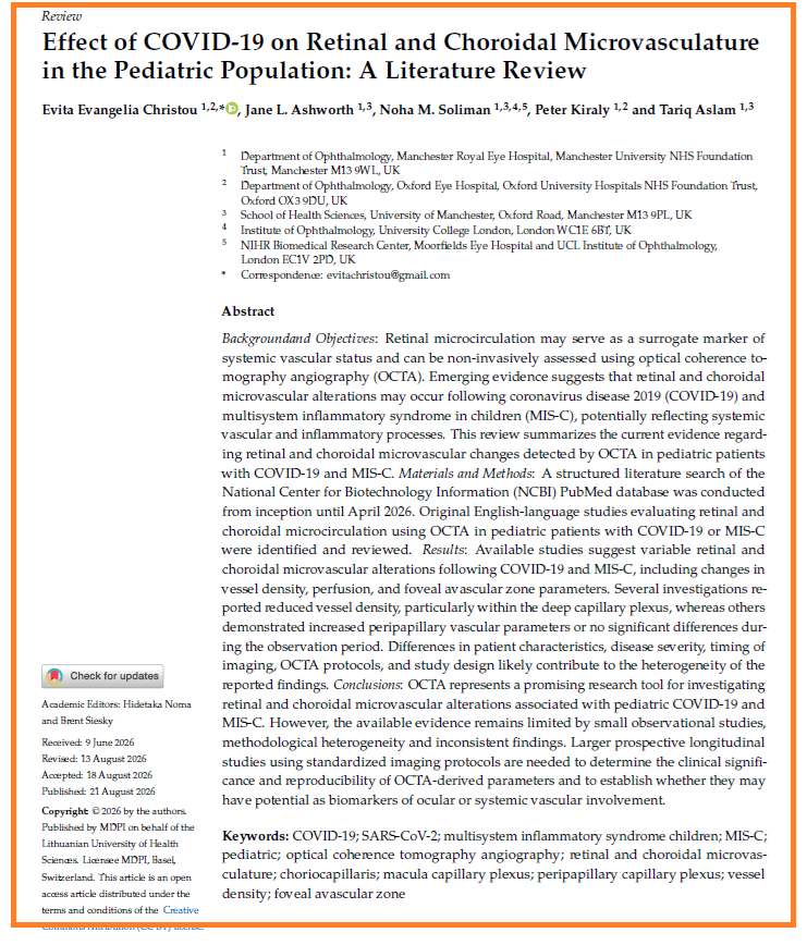 HarrySpoelstra's tweet photo. Effect of COVID-19 on Retinal and Choroidal Microvasculature in the Pediatric Population: A Literature Review

🚨UK Ophthalmology waking up?

➡️“Emerging evidence suggests that SARS-CoV-2 may lead to microcirculation alterations in the macular and the peripapillary capillary plexus in children.”

➡️“OCTA characteristics may represent potential biomarkers for the long-term effects of hypoxia on retinal and choroidal tissue in the context of COVID-19 and MIS-C.”

➡️“Currently available data are limited; therefore, further research is warranted to clarify the role of microvasculature alterations in the underlying pathophysiology of ocular manifestations associated with COVID-19 infection.”

‼️So, they’re finally starting to concede: SARSCoV2 can alter kids’ retinal and choroidal microvasculature after COVID-19 and MIS-C. Possible link to the virus’s systemic vascular damage and inflammation. But watch the goalposts move, they immediately bury it under “limited evidence,” “small studies,” “inconsistent findings,” and “OCTA is only a research tool, not a clinical biomarker.”
Starting admission of harm to children… but with maximum reserve.
More rigorous studies “needed” is of course for everyone a valid request!
Let’s just repeat, protect children: #AvoidSars2 #AvoidReinfections while others catch up!
https://t.co/QyBi79UCUZ