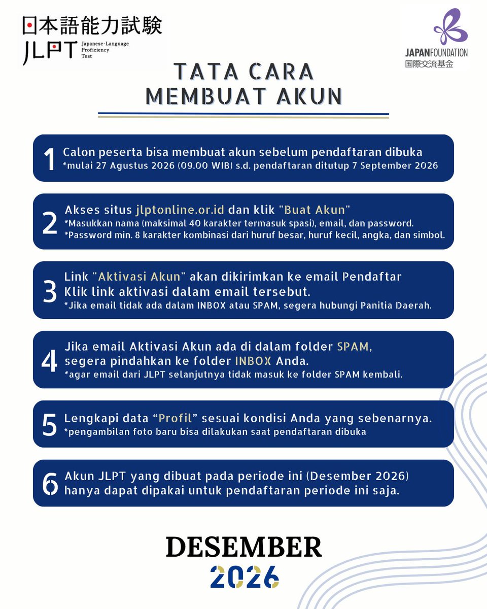 JF_Jakarta's tweet photo. Berikut informasi pendaftaran Ujian JLPT 2026 (Desember)

Jadwal Pendaftaran:
31 Agustus 2026 (09:00 WIB) s.d. 7 September 2026 (23:59 WIB)
(sesuai jadwal pembukaan daerah masing-masing)

Pembuatan Akun:
Mulai 27 Agustus 2026, pukul 09:00 WIB

Tempat Pendaftaran:
https://t.co/n5pVPYpB8I

Jadwal Ujian:
Minggu, 6 Desember 2026

#JLPT #JLPTIndonesia #JFJakarta #JapanFoundation