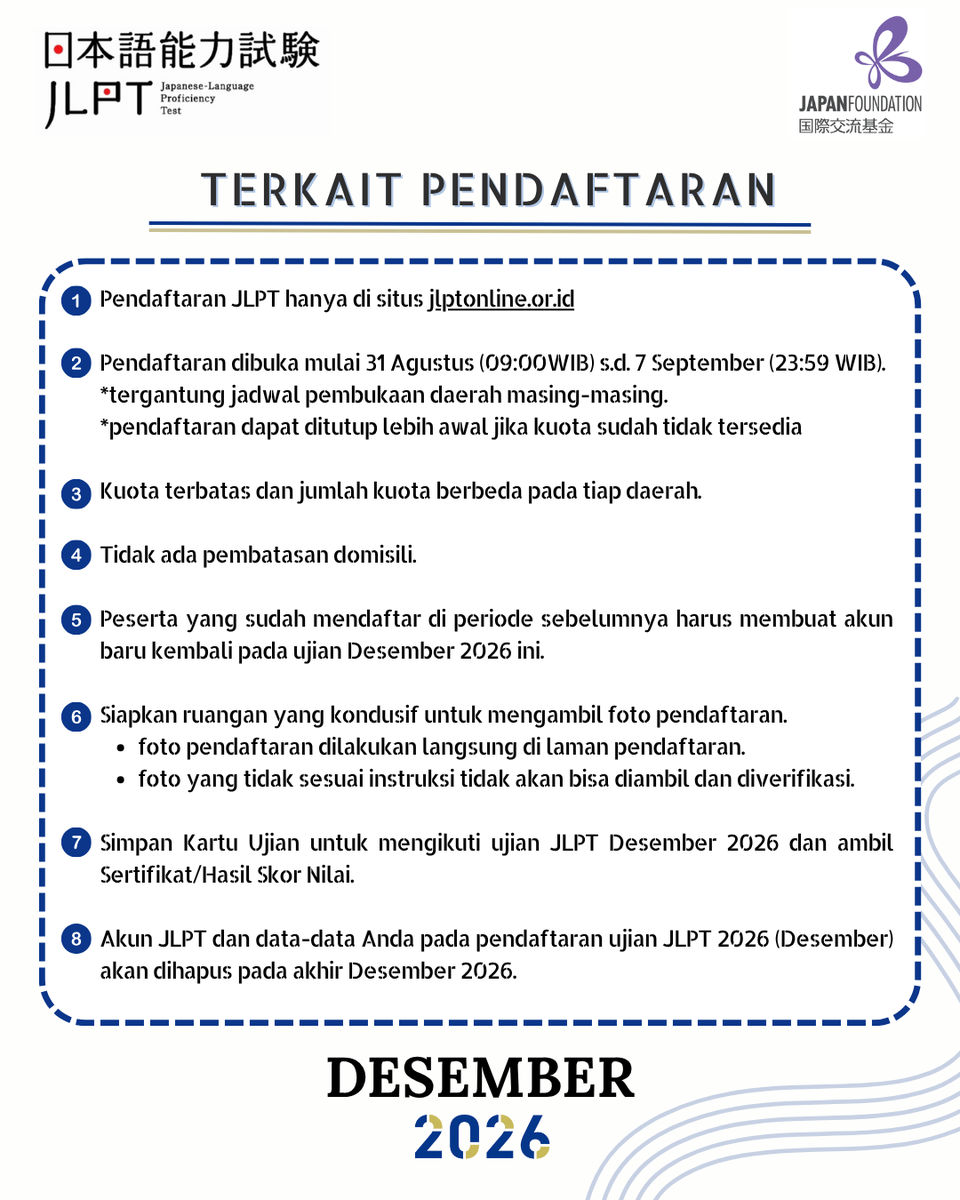 JF_Jakarta's tweet photo. Berikut informasi pendaftaran Ujian JLPT 2026 (Desember)

Jadwal Pendaftaran:
31 Agustus 2026 (09:00 WIB) s.d. 7 September 2026 (23:59 WIB)
(sesuai jadwal pembukaan daerah masing-masing)

Pembuatan Akun:
Mulai 27 Agustus 2026, pukul 09:00 WIB

Tempat Pendaftaran:
https://t.co/n5pVPYpB8I

Jadwal Ujian:
Minggu, 6 Desember 2026

#JLPT #JLPTIndonesia #JFJakarta #JapanFoundation