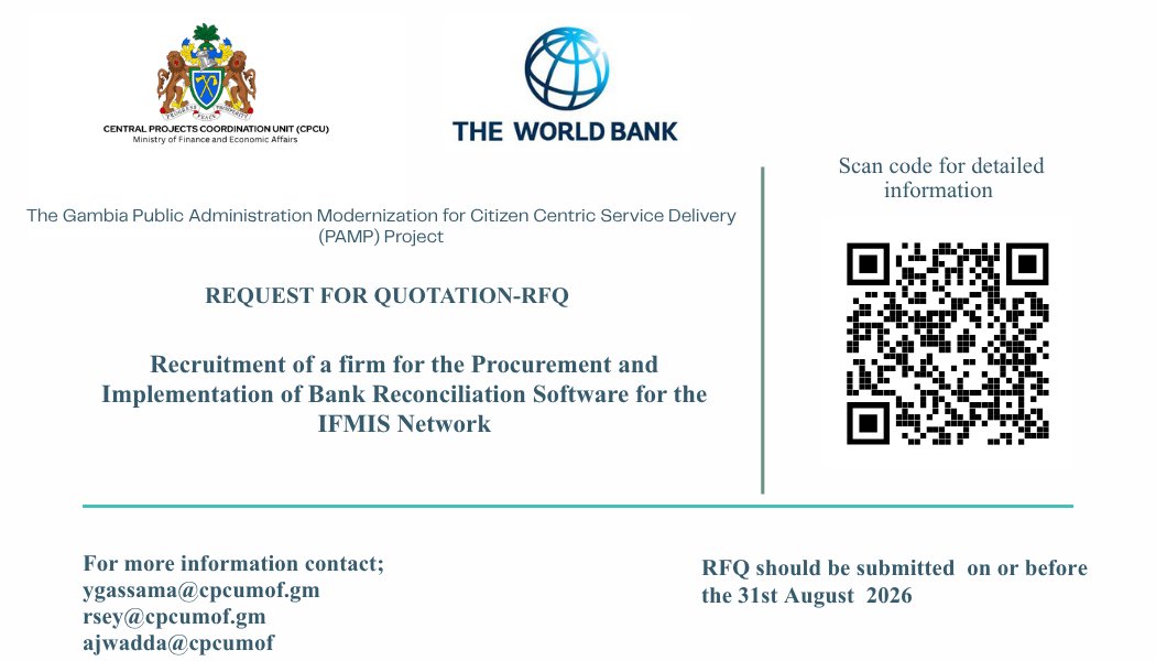 CPCU_MoFEA's tweet photo. Request for Quotation-RFQ📢
@CPCU_MoFEA is recruiting a firm for the Procurement and Implementation of Bank Reconciliation Software for the IFMIS Network.
View full details:
https://t.co/JG2WeXqoDo https://t.co/1aYpMuvSNE