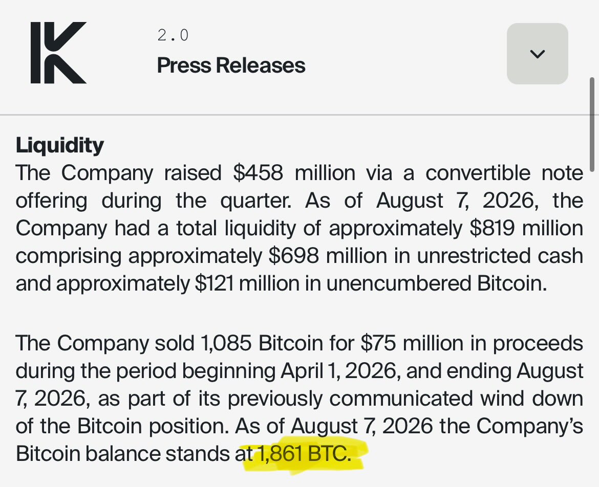 parralax_2's tweet photo. An underrated fact that nobody mention about $KEEL :

$KEEL owns 1,861 BTC as of August 7, 2026.

This means that for every $1000 $BTC gain, their balance sheet improves by $1.861 million.

Since August 7

$77,730-$64,880=$12,850/BTC

That’s approximately a +19.8% BTC rally.

For KEEL:

1,861 x $12,850 = $23.9M

So if KEEL still holds all 1,861 BTC, the value of that treasury has gone approximately:

Aug. 7: ~$120.7M
Now: ~$144.7M
Appreciation: +$23.9M

That effectively takes the $819M liquidity figure KEEL reported on August 7 to roughly $843M, before accounting for cash burn, capex, any subsequent BTC sales, or other balance-sheet movements.