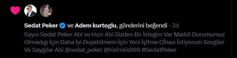 ReisSevdallrr's tweet photo. Sayın Reisim Sedat Peker Ağabeyim Aylar Önce Bir Paylaşım Yaptım İşitme Cihazı Talebinde Bulunmuştum Beğenerek Umudum Oldunuz Halen Dönüş Yapılmadı Ağabeyim Artık Banada Dönüş Yapılsın Saygılar @sedat_peker @hizirreis999 #SEDATPEKERREİS https://t.co/f0dzBYwE2d