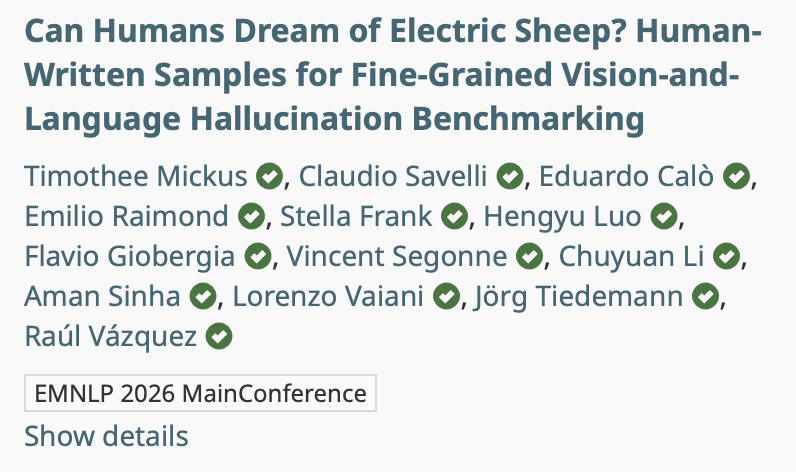 SHROOM_ST's tweet photo. 🥳Happy to share that SHROOM-Vision dataset paper, SHEEP, has been accepted to the @emnlpmeeting Main conference!
Congrats to all the co-authors and big thank to the SHROOM organization team!
Can't wait to read it? https://t.co/m9F4k4Vzpc
#NLProc #sharedtask #datasets https://t.co/h7gQeiinWg