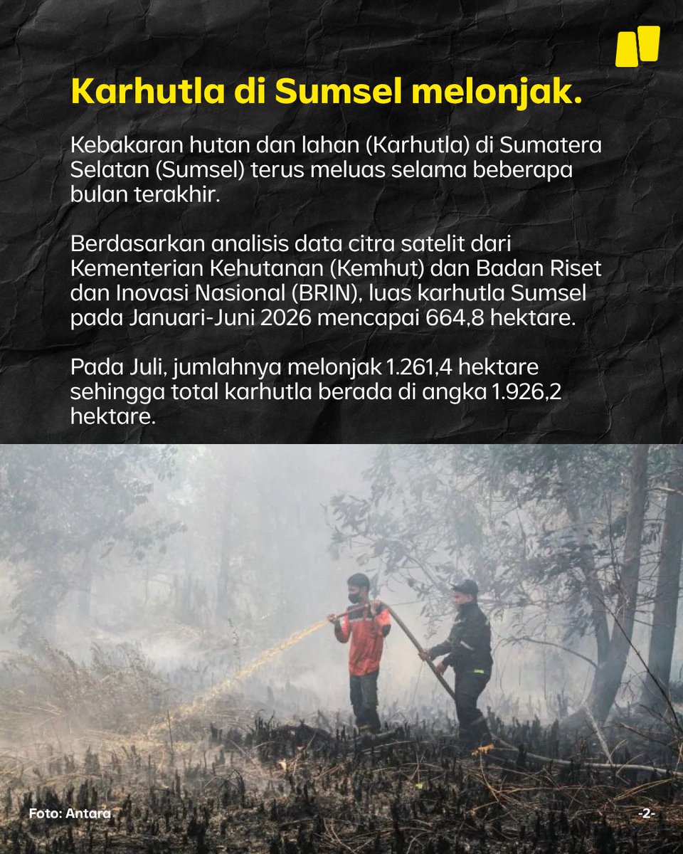 NarasiNewsroom's tweet photo. Kebakaran hutan dan lahan (Karhutla) di Sumatera Selatan (Sumsel) terus meluas selama beberapa bulan terakhir.

Berdasarkan analisis data citra satelit dari Kementerian Kehutanan (Kemhut) dan Badan Riset dan Inovasi Nasional (BRIN), luas karhutla Sumsel pada Januari-Juni 2026 mencapai 664,8 hektare. Pada Juli, jumlahnya melonjak 1.261,4 hektare sehingga total karhutla berada di angka 1.926,2 hektare.

Geser slide-nya sampai habis, ya.

| Narasi Daily