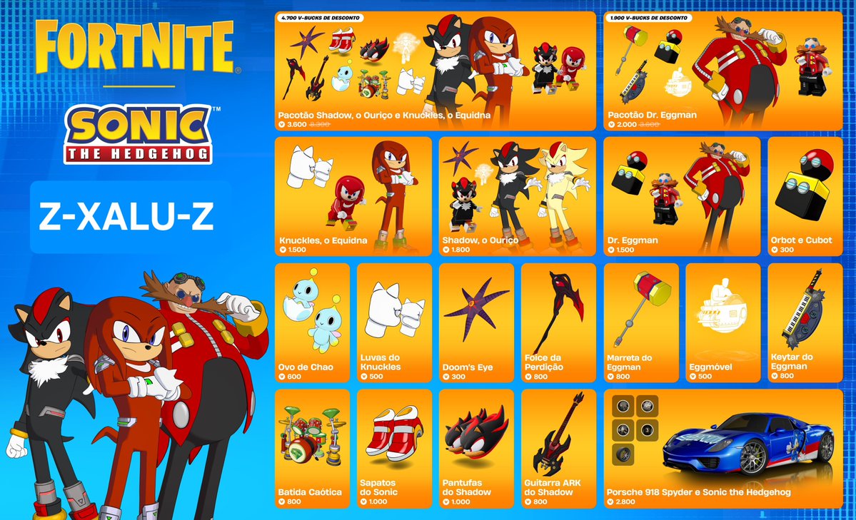 XFortnews's tweet photo. 💢TAG: Z-XALU-Z 
Os rivais mais infames de Sonic. Abrace a escuridão como Shadow, quebre tudo como Knuckles ou cause maldade como Dr. Eggman, que chegam ao Fortnite exalando caos — na Loja até 30 de agosto

🎁 Considere usar meu código ‘Z-XALU-Z' se for adquirir  #xalu #Fortnite https://t.co/GkhAYgW6Vd