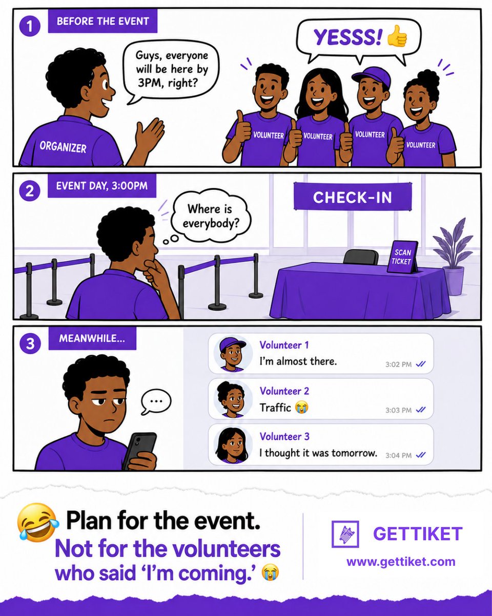 GetTiket's tweet photo. You planned for 10 volunteers… but only 1 showed up? 😭😂

Event day can get unpredictable, but your check-in process doesn’t have to be.

🎟️ Plan smarter. Manage your event with GETTIKET.

#GETTIKET #EventManagement #EventOrganizers #EventPlanning #EventTips #Ticketing https://t.co/uu15veme7j