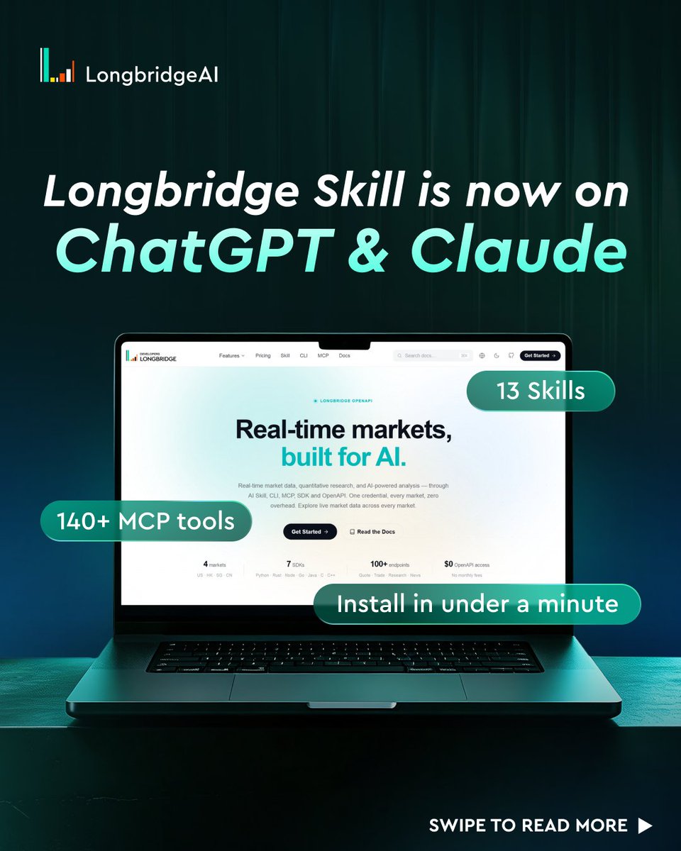 LongbridgeAI's tweet photo. Longbridge Skill is now available on ChatGPT and Claude. 🎉

Bring 13 powerful investing skills into the AI assistants you already use, from Market Intelligence and Market Data to Options & Warrants.

Here’s how to install Longbridge Skill and get started. 👇

#LongbridgeAI #AItools #investingwithAI #LongbridgeSkill #ChatGPT #claude
----
AI-enabled tools, features, analytics, workflow assistance, or data integration functionalities are provided and operated by Longbridge AI Technologies Pte. Ltd., and not by Long Bridge Securities Pte. Ltd.. The information provided herein is intended for general informational purposes only and does not constitute investment advice, recommendation, or an offer to buy or sell any investment product or service. All investments carry risks and may not be suitable to everyone. You may lose all or part of your investment principal. Please seek independent financial advice if you are unsure about any investment decisions.
This advertisement has not been reviewed by the Monetary Authority of Singapore.