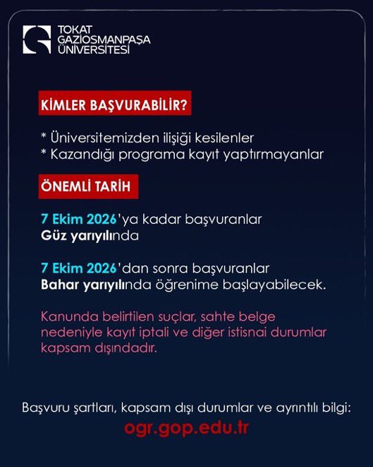 profdrfatihylmz's tweet photo. 📢 2026 Öğrenci Affı Başvuruları Başladı! 

​Tokat Gaziosmanpaşa Üniversitesi ailesine yeniden katılmak veya yarım kalan eğitim yolculuğunu tamamlamak isteyen öğrencilerimiz için öğrenci affı başvuru süreci devam ediyor.

​Kimler Başvurabilir? Üniversitemizden ilişiği kesilen veya kazandığı programa kayıt yaptırmayan öğrenciler.

​🗓️ ​Başvuru Tarihleri: 
09 Ağustos – 09 Aralık 2026

​🔗 Başvuru şartları ve ayrıntılı bilgi için:
 https://t.co/zjeMl64XCY…

#gaziosmanpaşaüniversitesi
