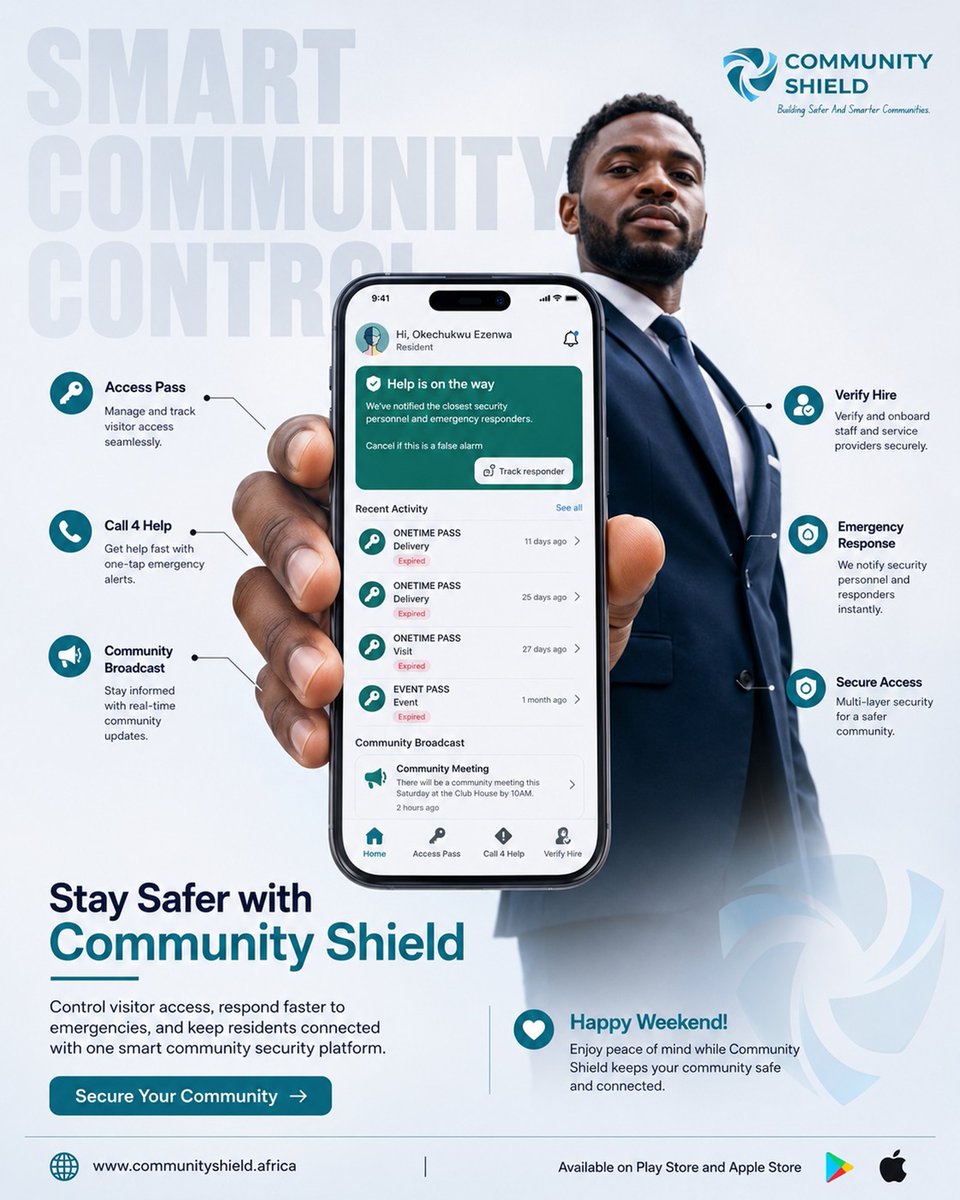 CommShieldAF's tweet photo. Stay safe. Stay connected. 🛡️
Community Shield helps your estate manage access, emergencies &amp; hires from one platform.  Download now: Google Play &amp; App Store
https://t.co/s4RxHw0c4t
#estateowners #SecureNigeria #smartcommunities https://t.co/UBMgJeQva9