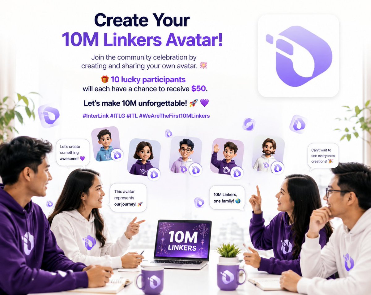 RoyalPraja's tweet photo. Create your 10M Linkers Avatar!
Join the community celebration by creating and sharing your own avatar. 🎆
🎁 10 lucky participants will each have a chance to receive $50.
Let’s make 10M unforgettable! 🚀💜
#InterLink #ITLG #ITL #WeAreTheFirst10MLinkers https://t.co/QZmB3CemkG