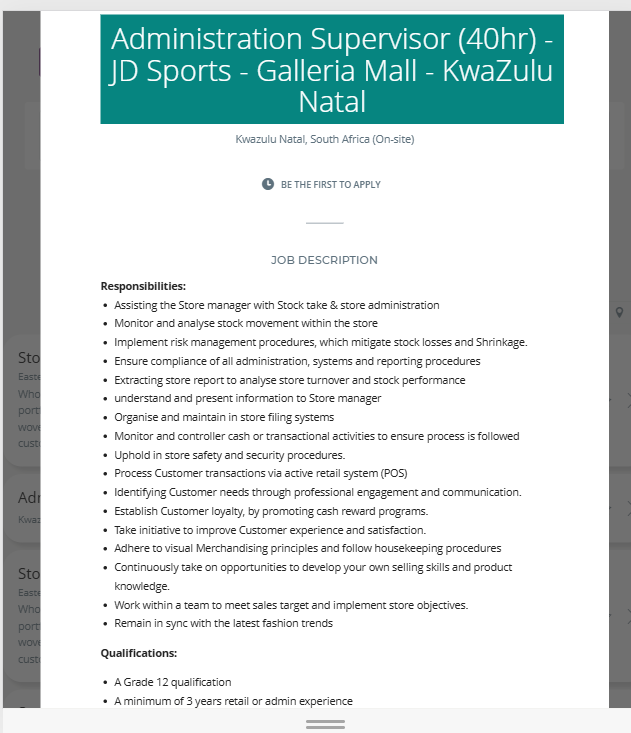 job83w's tweet photo. 📌 ADMINISTRATION SUPERVISOR – JD 

SPORTSLocation: Galleria Mall, KwaZulu-Natal
Employment Type: Full-Time, Onsite

Min Requirements:
• Grade 12 / Matric
• Minimum 3 years’ retail or administration experience
• Good administration and computer skills
• Strong stock control and reporting ability
• Customer-service and sales focused
• Able to work shifts and under pressure
• Good planning, organisation and communication skills

Closing Date: Not Stated
Note: Visit Their Official Site To Apply
Full Details: https://t.co/aZRNEIhGRQ