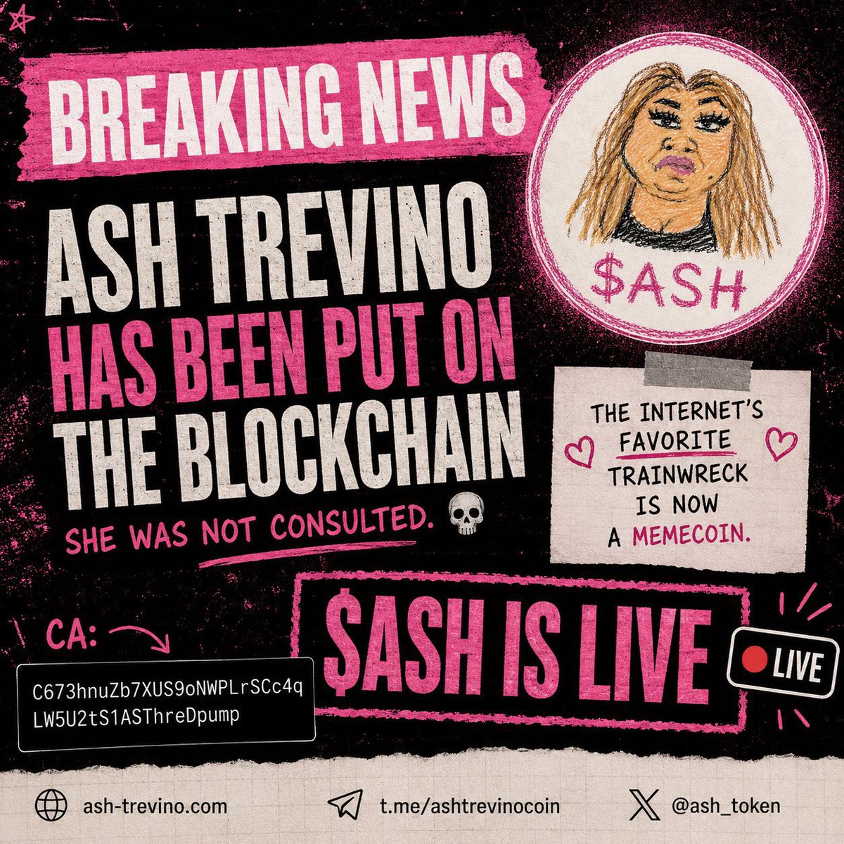 ash_token's tweet photo. @Traderfinn0 You’ve probably seen the name on your timeline before 🤡 Notoriously messy on TikTok 🤳 Mainstream media is covering her drama ☕️ and now she’s tokenized 🪙 NOT a fan project ⚠️ Just for laughs/parody 🧌 $ASH
https://t.co/DxUoFIxkUi https://t.co/nTY4ynRhHr
