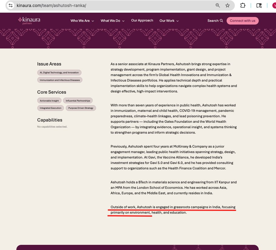 VijayGajeraO's tweet photo. Who funds Ashutosh Ranka?

Here is the answer.
He is working at Kinaura Partners (formerly Global Health Vision)
They allowed his protest work on the ground.

Emily Bell, who prepared speeches and SM strategy for Soros, was a founding senior consultant at Kinaura. https://t.co/D30bu0hlXN