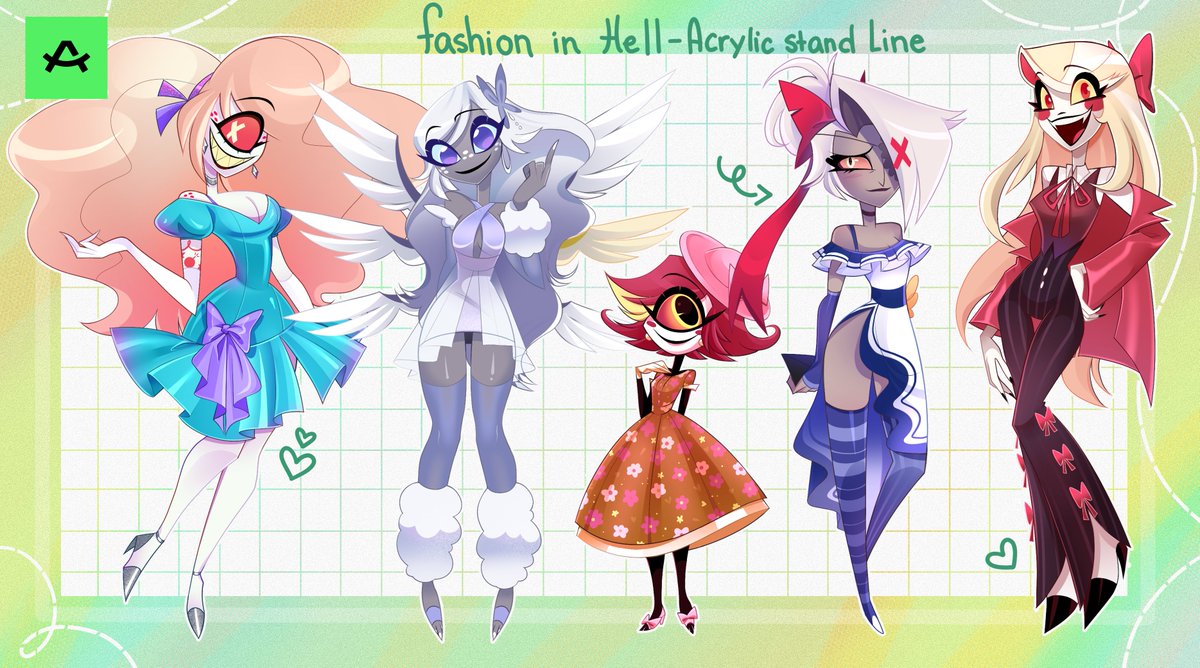 SolSamLuna's tweet photo. I can't contain myself for long- new standees that will hit my store soon... It's a dress up line! #HazbinHotel #acggoods https://t.co/qLxxVHwNzS