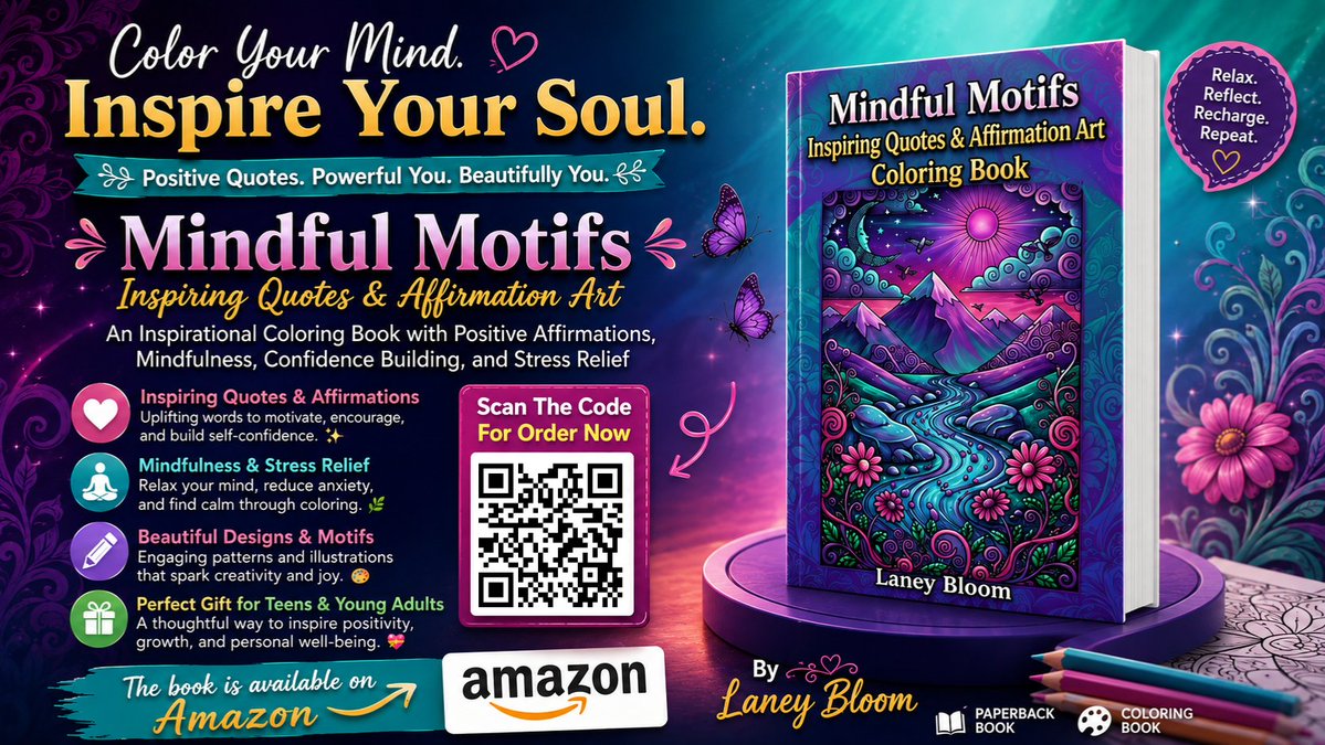FreelancerSoji5's tweet photo. 🌸✨COLOR YOUR WAY TO A CALMER, MORE CONFIDENT YOU!✨🌸
📖Mindful Motifs: Inspiring Quotes &amp; Affirmation Art
✍️By Laney Bloom
🛒Get your copy on Amazon:
https://t.co/QzGV1KPFzP👈
#MindfulMotifs #ColoringBook #InspirationalColoringBook #AmazonBooks #TeenColoringBook #Mindfulness https://t.co/msvrfygOXC