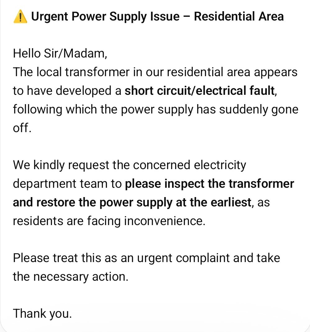 SandeepSandyJSP's tweet photo. ⚠️ Urgent Power Supply Issue – Residential Area

@tgspdcl @cmdtgspdcl 

Land Mark: Near Chilkanagar Masjid, Opposite lane of Kalyani Motors Work Shop.

https://t.co/rvOpQIvXOh. 2-22-22 Chilkanagar, Uppal https://t.co/HdpY5REHVD