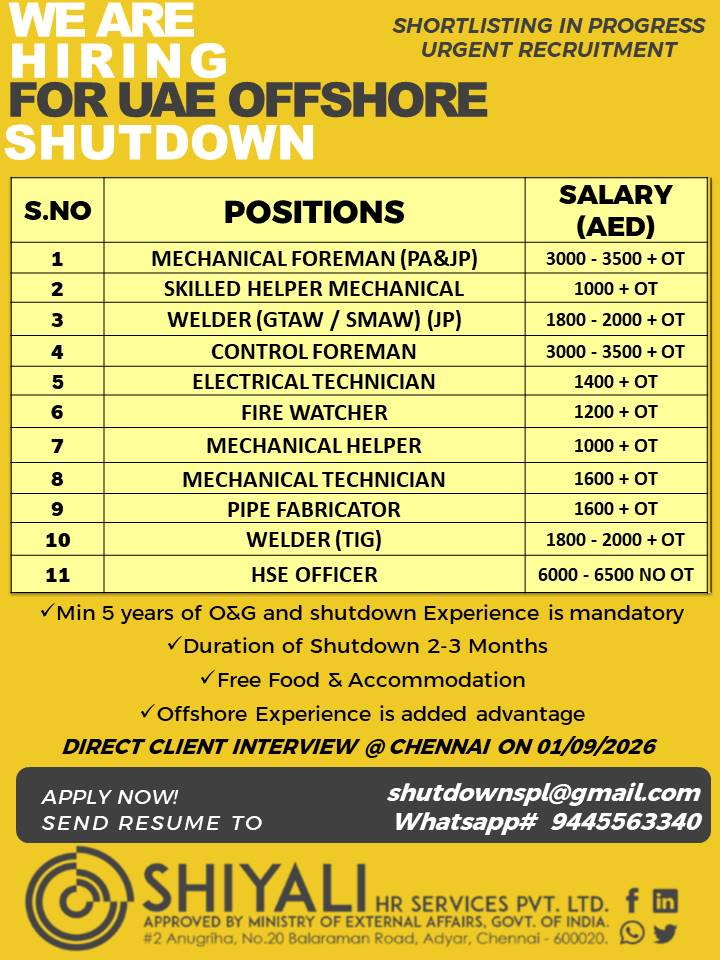 HR_SHIYALI's tweet photo. #UAE #Shutdown #Urgentrecruitment #Foreman #Technician #Welder #Helper #HSEofficer #Firewatcher https://t.co/ONWMgysBuF