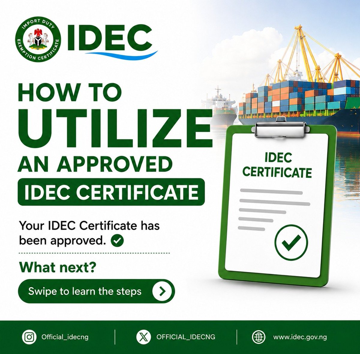 OFFICIAL_IDECNG's tweet photo. HOW TO UTILIZE AN APPROVED IDEC CERTIFICATE

Your IDEC Certificate is approved — what next? 📑✅

Learn the key steps for activation, transmission, and document upload to ensure a smoother utilization process.

📌 Save &amp; share this guide!

#IDEC #ImportDutyExemptionCertificate https://t.co/jwMYNQm7uS