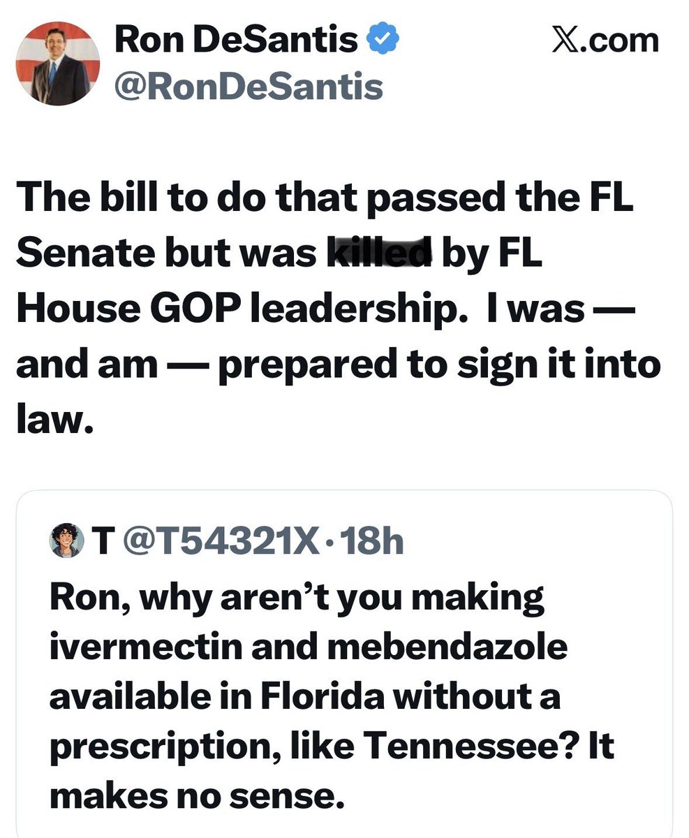 1Nicdar's tweet photo. Fun Fact: The Florida Senate passed a bill to make Ivermectin and Mebendazole available over the counter without a prescription. Then the Florida House kill*d it. 

Translation: A cured patient is a lost customer, and Florida House Leadership is bought and paid for by big Pharma. https://t.co/IygNjg3Cz4