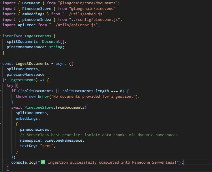 programmersatya's tweet photo. I am building pdf chat rag webapp using Next.js (only frontend) and a backend (nodejs expressjs mongodb zod langchain pinecone aws...) . i am facing this error again and again -  what is wrong in my code?  Pinecone-3072 dimension index and Google Gemini emed model also  3072 dim. https://t.co/OEVLCESO8R
