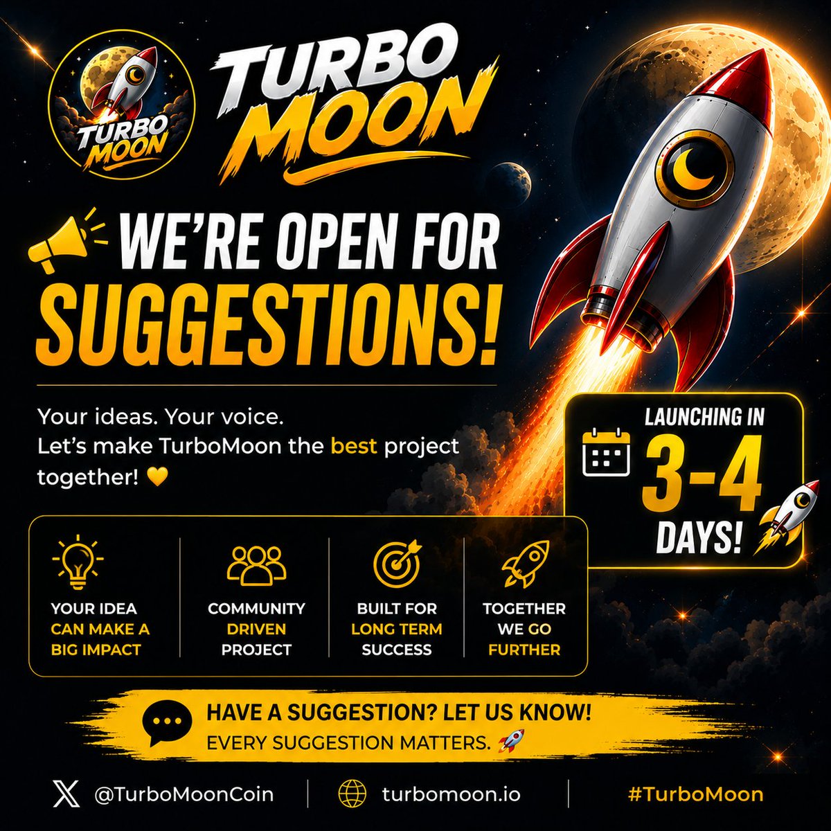 TurboMoonCoin's tweet photo. 🚀 TurboMoon launches in just 3–4 days! 🌙

This project is being built for the community, and your ideas matter.

Got a suggestion that could make TurboMoon even better? Drop it below. 👇

Together, we build. Together, we grow. 🔥

#TurboMoon #TMOON #CryptoCommunity #Web3 🚀🌕 https://t.co/o9jVmDlYNq