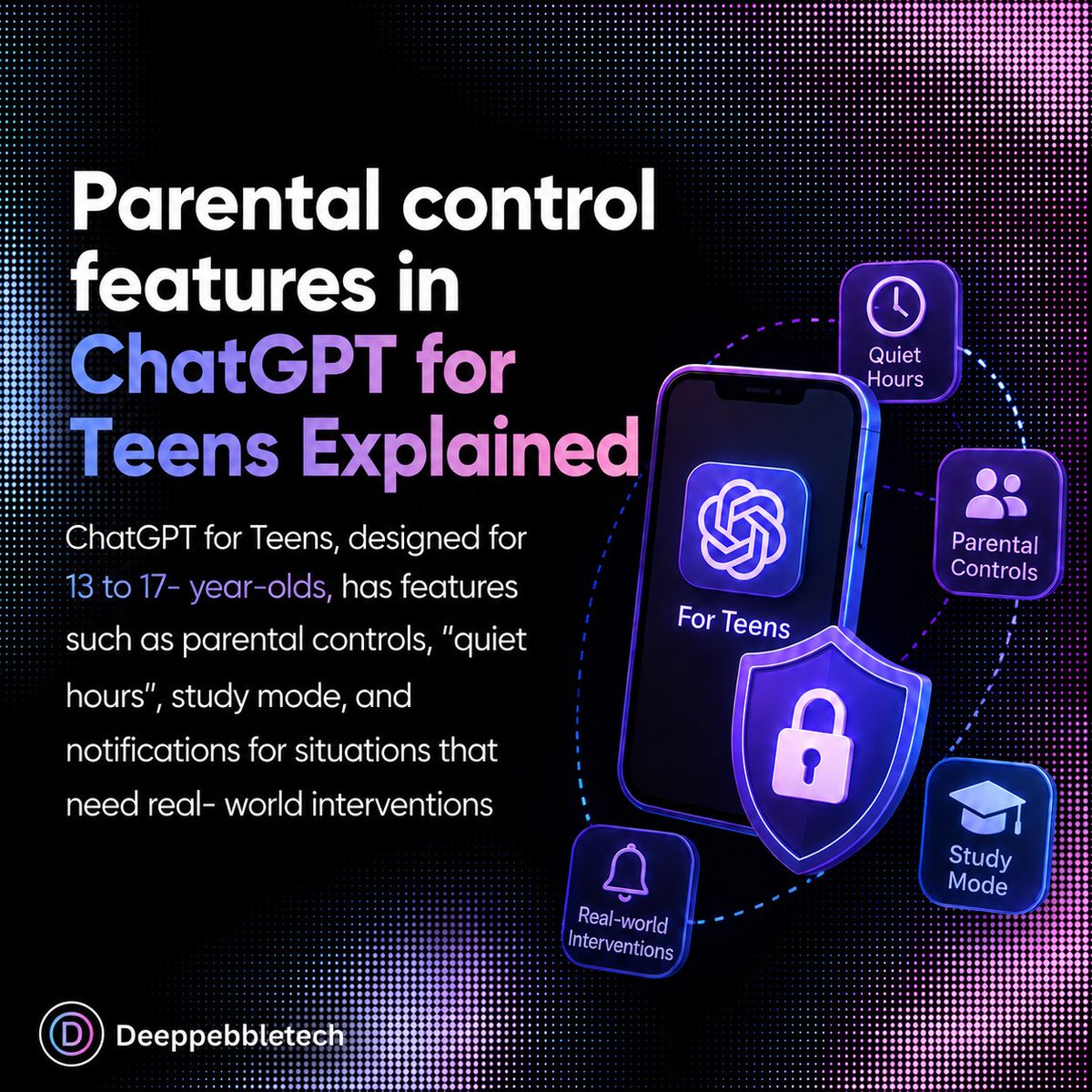 deeppebbletech's tweet photo. 🤖 ChatGPT: Parental Controls Explained

For ages 13–17, features include:
• Parental controls
• Quiet hours
• Study mode
• Real-world intervention notifications

AI safety is becoming an essential part of the digital experience.

#OpenAI #ParentalControls  #deeppebbletech https://t.co/1EttpBemhy