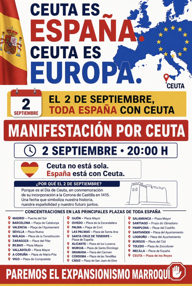 TalebSahara's tweet photo. Convocatoria nacional de movilización ciudadana por Ceuta y en contra del expansionismo marroqui.

Se hace un llamado para protestar el día 2 de septiembre, que es el día de Ceuta, a las 20:00 en todo el Estado español. https://t.co/uaKSxSwwyE