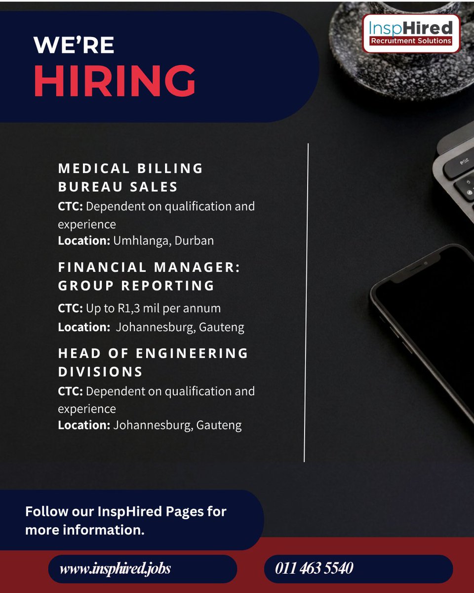 InspHiredSA's tweet photo. 🚨 Job Opportunities Available!
• Head of Engineering Divisions
https://t.co/P6Onek6Yjk
• Financial Manager: Group Reporting
https://t.co/kxt8TE7v8p
• Medical Billing Bureau Sales
https://t.co/ZNVQEh9Cil
#OpenRoles #ApplyNow #WeAreHiring #CareerOpportunities #GautengJobs https://t.co/G8MFTp8KuI