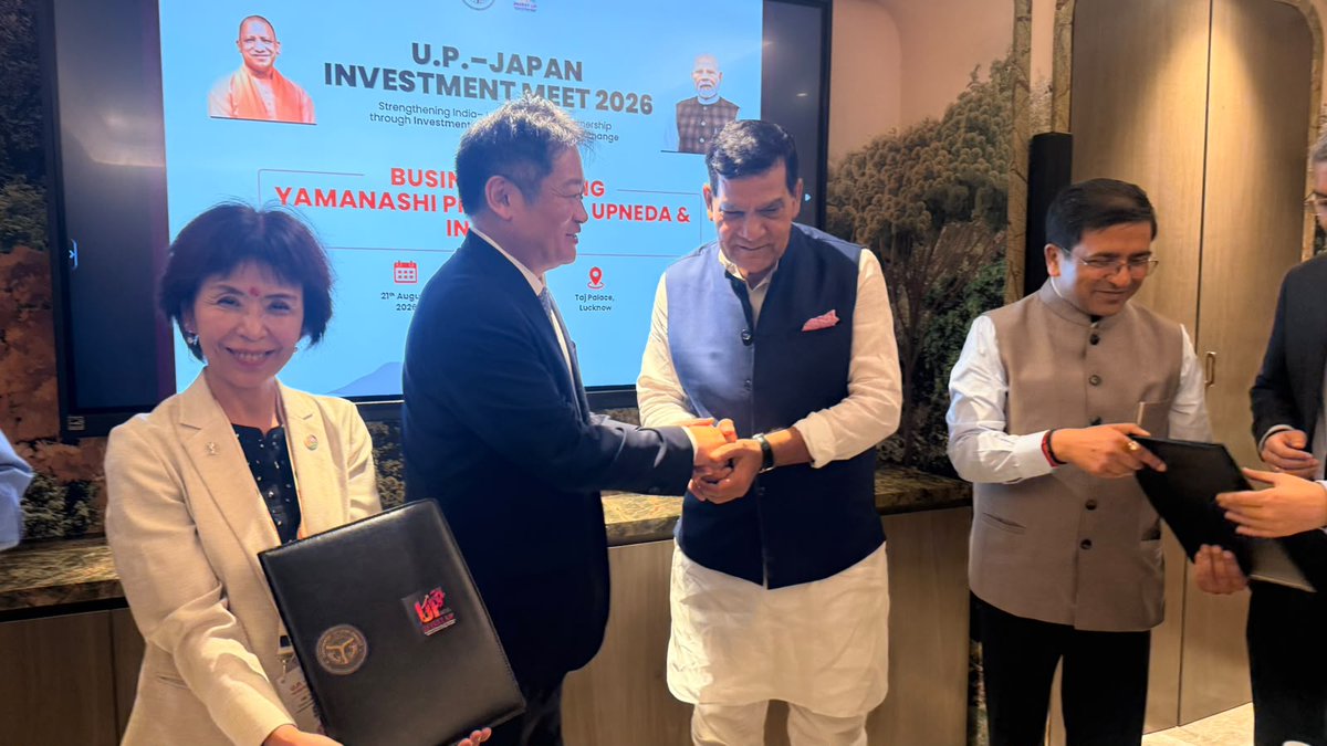 _InvestUP's tweet photo. Hon'ble Minister, Urban Development, Energy and Additional Sources of Energy, Uttar Pradesh, Shri A. K. Sharma warmly welcomed H.E. Kotaro Nagasaki, Governor, Yamanashi Prefecture at UPNEDA. The meeting highlighted growing cooperation between Uttar Pradesh and Japan in renewable energy and investment, with UPNEDA and the Japanese delegation exchanging an MoU to strengthen collaboration and explore new opportunities in clean energy, technology and sustainable investment.

#UPJapanInvestmentMeet2026 #InvestUP #UPNEDA #CleanEnergy #UttarPradesh #IndiaJapan #RenewableEnergy #ThinkBigThinkUP

@FollowCII @IndiaESA @yamanashipref @kotaro_nagasaki  @phdchamber @ASSOCHAM4India @NandiGuptaBJP @investindia @nasscom @ficci_india @CMOfficeUP @UPGovt #ThinkBigThinkUP @IndianEmbTokyo @JapaninIndia