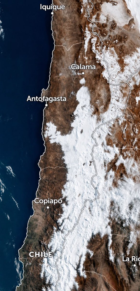 RedGeoChile's tweet photo. 🛰️🌎 De esta forma quedó el norte de nuestro país tras la baja segregada que dejó precipitaciones y nevadas en distintos sectores entre las regiones de Arica y Parinacota, y Coquimbo. 

Se observa que sectores como el Cerro Paranal, a solo 15 km del Océano Pacifico, pero a 2.635 m.s.n.m en el Desierto de Atacama quedó completamente nevado. 

Imágenes NASA/MODIS