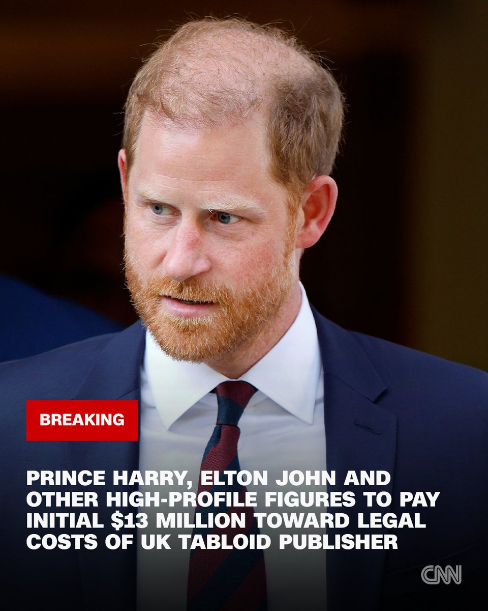 cnnbrk's tweet photo. Prince Harry, Elton John and other celebrities hit with initial $13 million bill after losing case against UK tabloid. https://t.co/6Kr8VoRilX https://t.co/nlTqPLAAOR