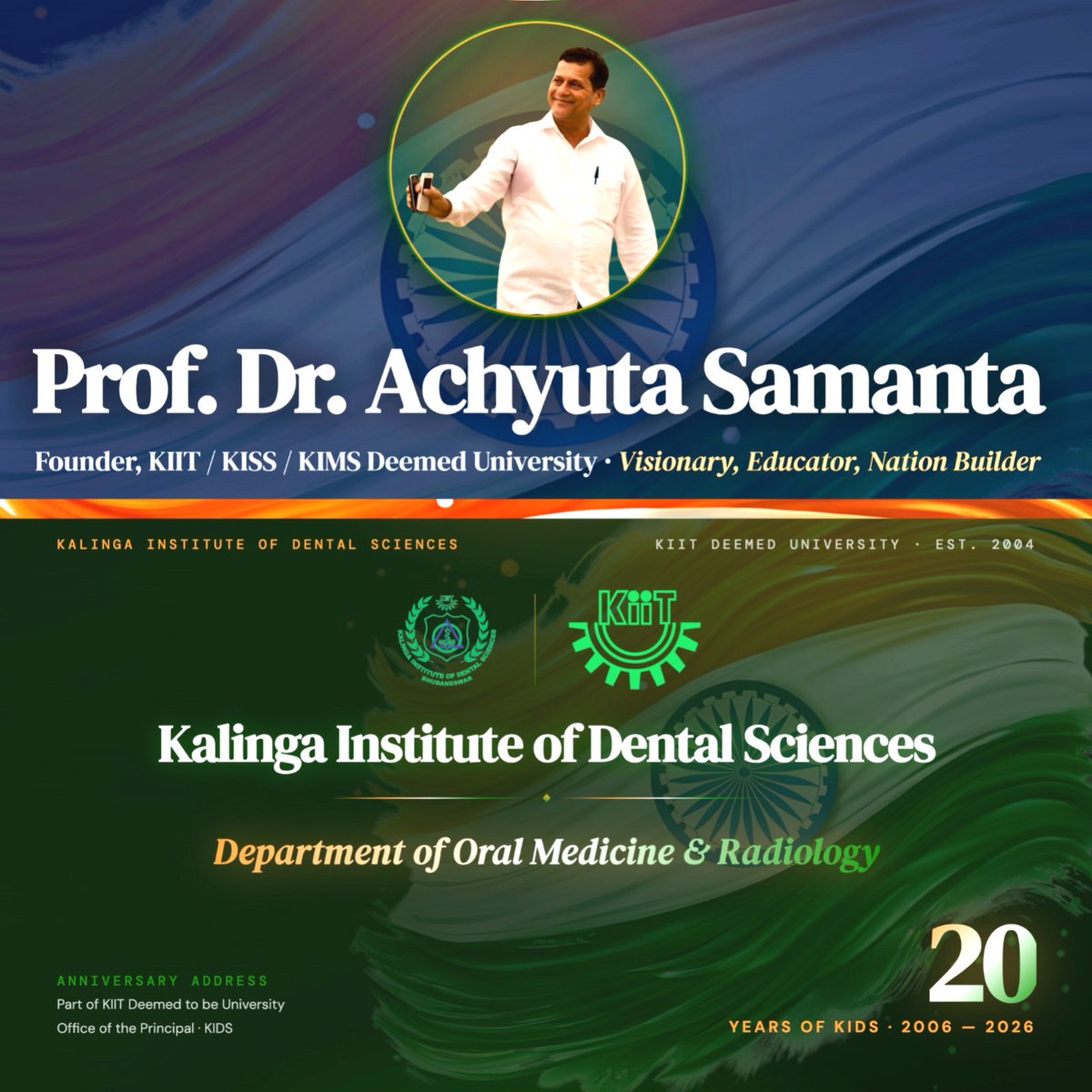 KIITDental's tweet photo. 70,000+ patients annually. 2,440+ procedures/month. ₹4.16 Cr in ICMR research funding.

The Dept. of Oral Medicine &amp; Radiology KIDS, KIIT — healing, innovating &amp; advancing India's oral health, every single day. 

Grateful to our Founder Prof. Dr. @achyuta_samanta 

#KIIT #KIDS https://t.co/gB5Lr1yGWh