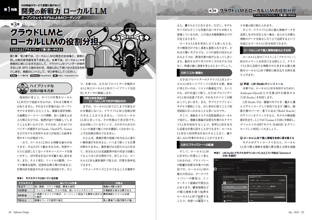 gihyosd's tweet photo. 絶賛発売中の弊誌2026年9月号の「ローカルLLM」特集の誌面サンプルをお見せします。
今回の特集では、ローカルLLMに明るいエンジニアの方々の実践例をもとに、「ローカルLLMでどんな作業ができるのか」を紹介しています。実際には、ローカルLLMだけを使ってソフトウェアを開発するというのはかなりハードルが高く、ローカルLLMとAIプロバイダーのクラウドLLMを使い分けるというのが現実的な使い方になりそうです。本特集では、そこからさらに踏み込んで、「どのように使い分けるのがよいのか」「使い分けしやすい環境はどう構築すればいいか」といった知見を詳しく紹介しています。とくに第4章のLayerX社の社内GPU基盤構築・活用の記事は、企業がローカルLLMを使ってコスト削減を図るうえでおおいに参考になる内容です。

＜特集記事のラインナップ＞
▼第1章：ローカルLLMの現在地
―モデルサイズ、用途、環境からローカルLLMの全体像を理解する

▼第2章：自宅でローカルLLMを動かしてみた
―ローカルなら実現できる遊びとこだわり

▼第3章：クラウドLLMとローカルLLMの役割分担
―「コスト」と「プライバシー」で賢く使い分けよう

（つづきは、リプライへ）
