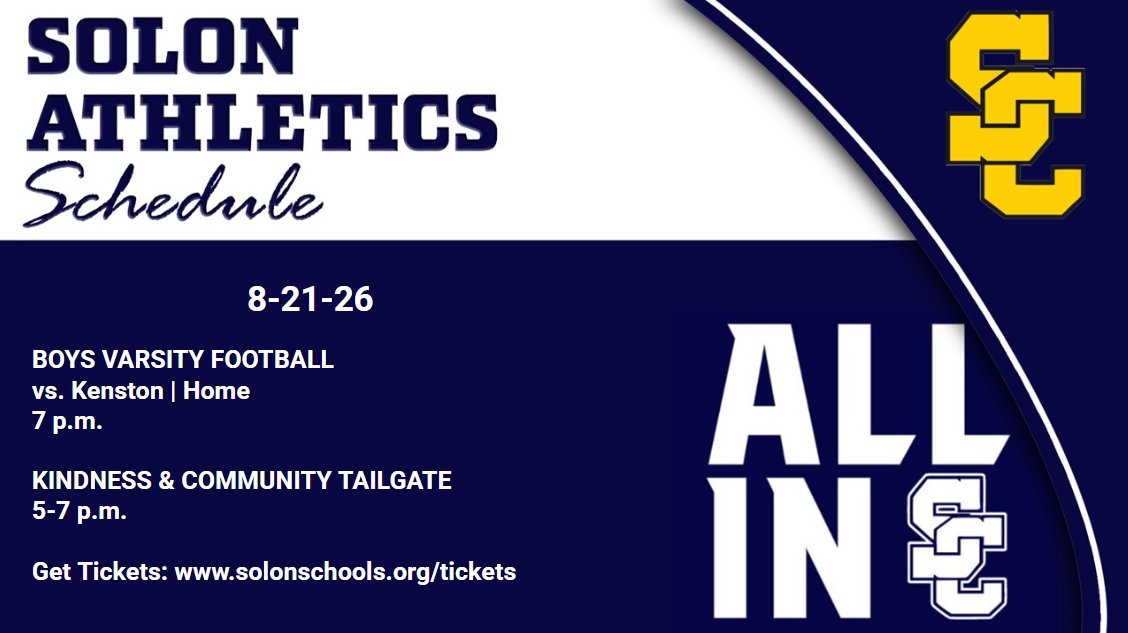 SolonAthletics's tweet photo. Friday night football is back at Stewart Field! Cheer on Solon varsity football in the Comets’ first home game of the season. Before kickoff, join us for the Kindness & Community Tailgate from 5-7 p.m. Tickets: https://t.co/Vd6C4Igfds
Go Comets! #WeAreSC #CometNation https://t.co/m56SBqvbuk
