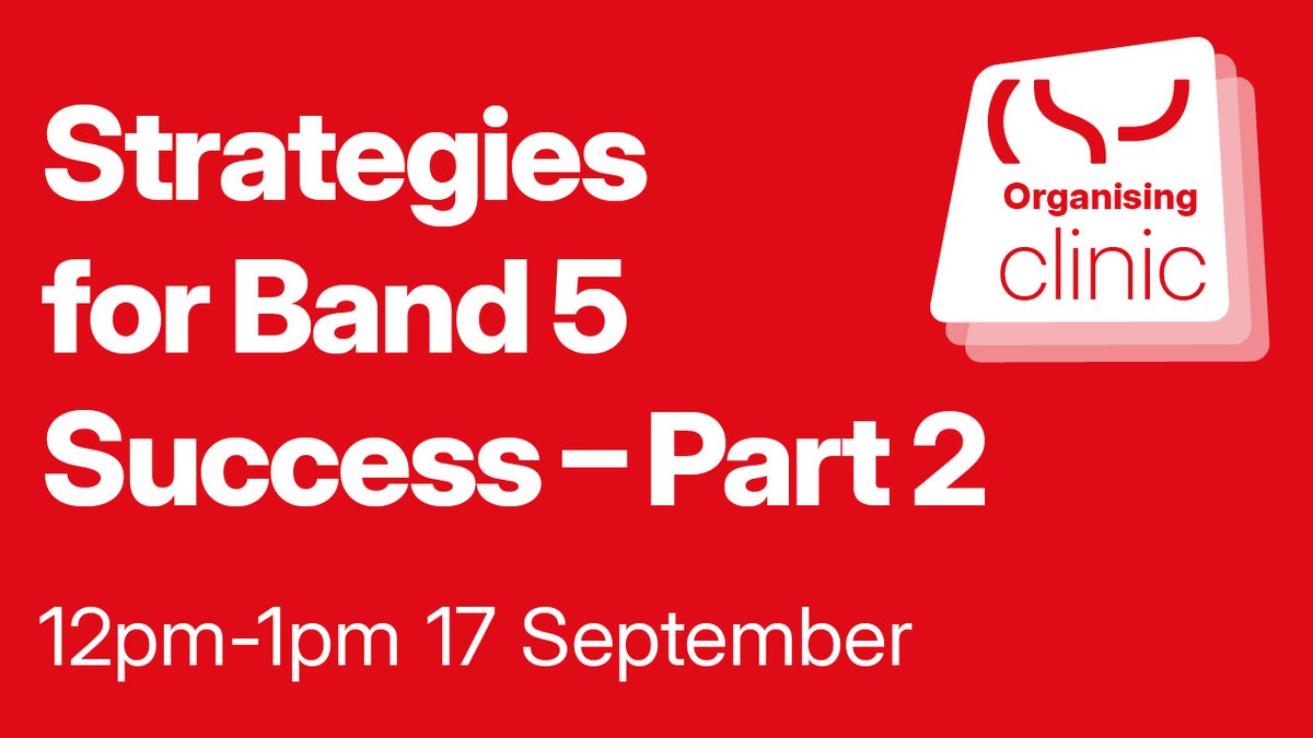 thecsp's tweet photo. CSP Organising Clinic: Strategies for band 5 success (part 2) 

📅17 September, 12pm – 1pm📅   

Join our Organising Clinic to explore opportunities to make an impact early in your career by working collectively to address issues affecting Band 5 staff. 

🔗 Open to all CSP members, sign up now: https://t.co/ARdT1jPnR6