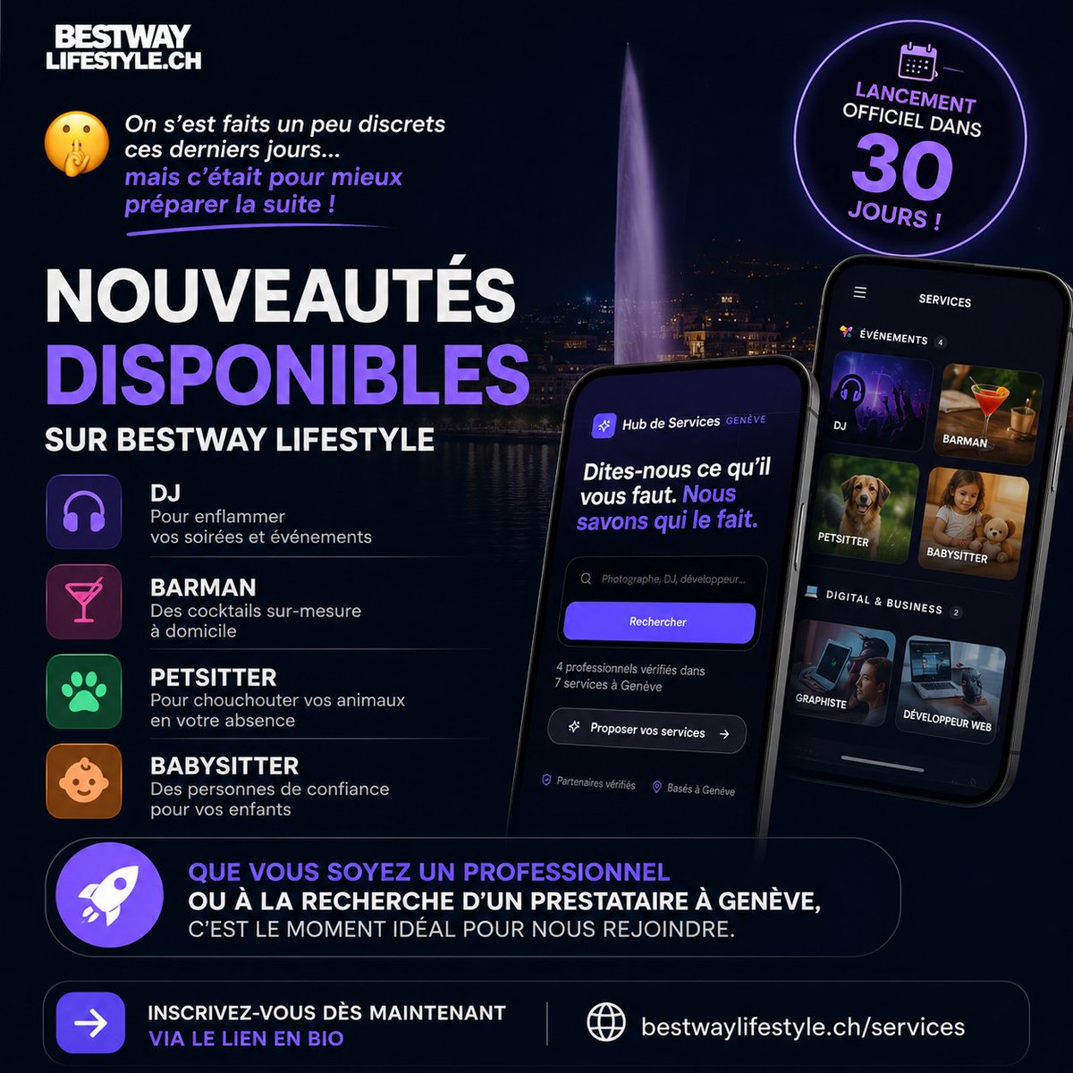 BestWaySxM's tweet photo. 🚀 BestWay Lifestyle évolue !

🟢 Genève Aujourd’hui — toute l’actu genevoise au même endroit.

🟣 Services — trouvez ou proposez vos services à Genève.

👉 https://t.co/fIz84uZfxm

Genève. Un seul endroit.

#Geneve #BestwayLifestyle https://t.co/syrn4UmPAD